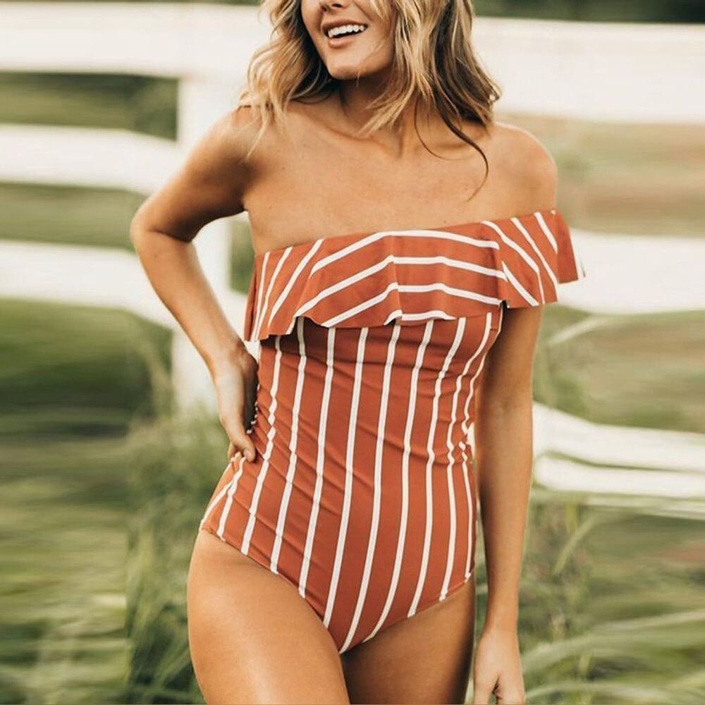 Albion Icon Wave Swimsuit One Shoulder Sydney Stripe Brown One Piece Size Large